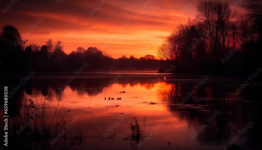Obraz premium Tranquil sunset silhouette, reflecting beauty in nature over water horizon generated by AI