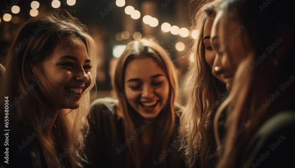 Young adults enjoy nightlife, partying carefree with friends outdoors generated by AI