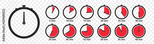 Timer, stopwatch icons. Clock with different minutes from 5 to 60. Countdown timer set. Sport clock with red colored time meaning. Cooking indicators in flat design. Vector illustration