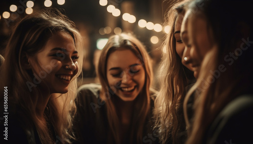 Young adults enjoy nightlife, partying carefree with friends outdoors generated by AI