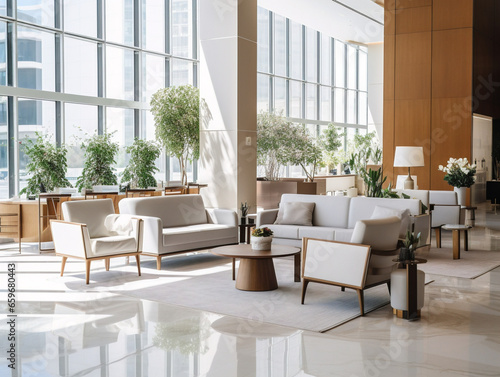 A sophisticated office lobby with sleek furniture and a contemporary design aesthetic.