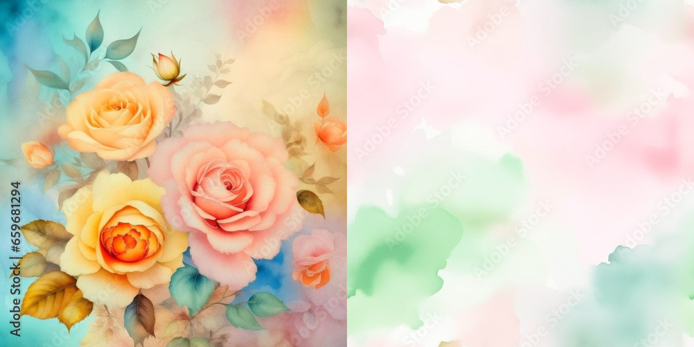 Watercolor botanical background with delicate roses in pastel colors, space for text. Design for wallpaper, banner, print, wedding invitation, poster, flyer, card, book. Illustration. - obrazy, fototapety, plakaty 