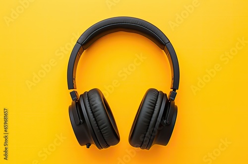 Black headphone on yellow background, music and leisure concept. Generative AI