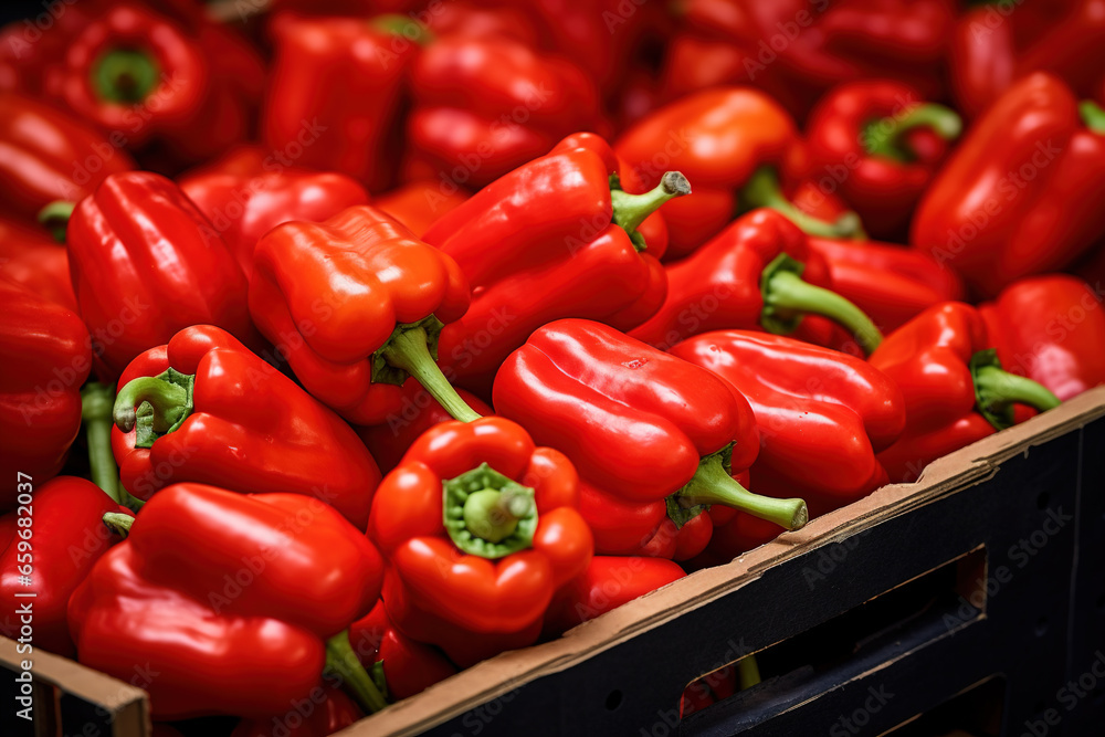 Closeup of a crate of sweet red bell capsicum peppers