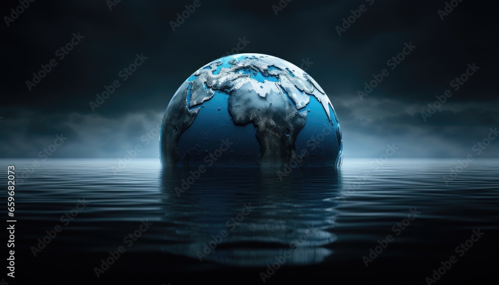 Landscape with planet earth in water, concept of climate change and global warming. Generative AI - obrazy, fototapety, plakaty 