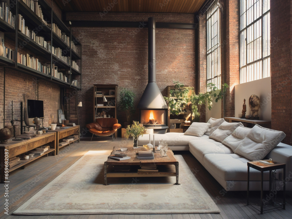 A converted loft in an industrial warehouse with a modern design and high ceilings.