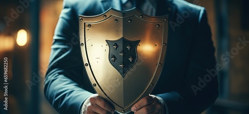 Businessman holding shield, business security concept. Generative AI photo