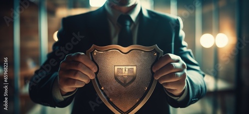 Businessman holding shield, business security concept. Generative AI
