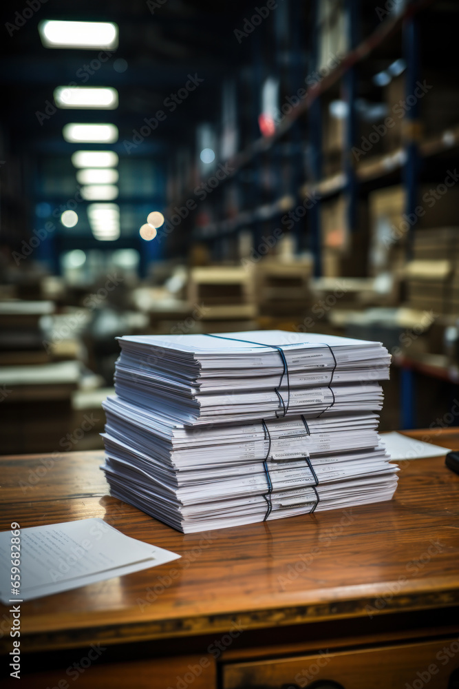 Stacks of paper on warehouse background. Documents for warehouse and accounting reporting. Stacks of paper on warehouse background. Documents for warehouse and accounting reporting.