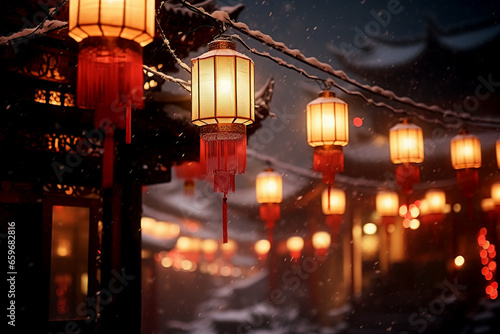 Street full of Chinese New Year lanterns Generative AI