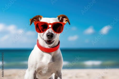 Cute dog with sunglasses on the beach. Generative AI
