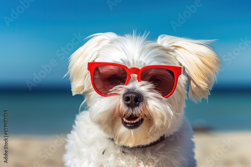 Cute dog with sunglasses on the beach. Generative AI © Deivison