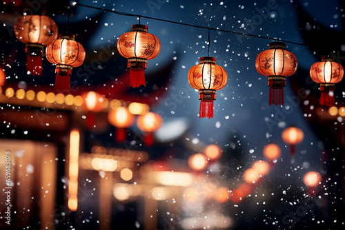 Chinese new year lanterns hanging on the street with snow in the background Generative AI © DrArt