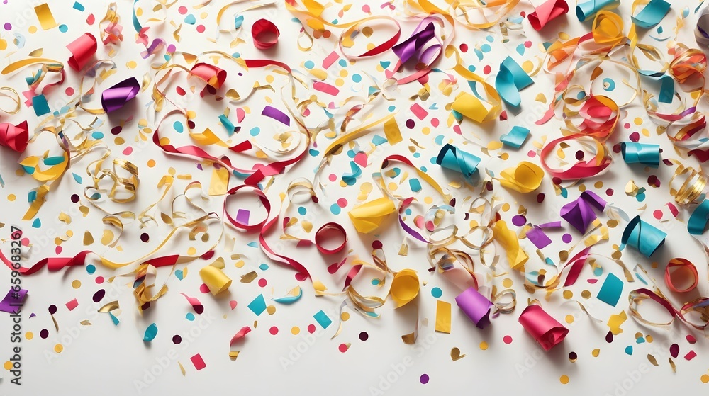 Colorful Confetti And Lively Streamers Artfully Arranged On A Clean White Backdrop Confetti And Carnival Ribbons AI Generative Colorful Confetti And Lively Streamers Artfully Arranged On A Clean White Backdrop Confetti And Carnival Ribbons AI Generative