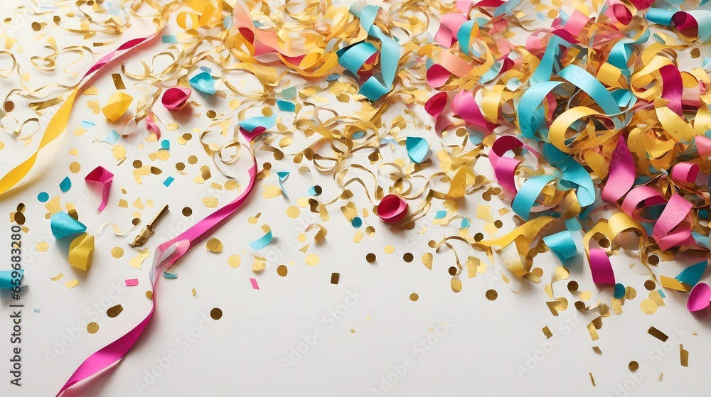 Fototapeta premium Colorful Confetti And Lively Streamers Artfully Arranged On A Clean White Backdrop Confetti And Carnival Ribbons AI Generative