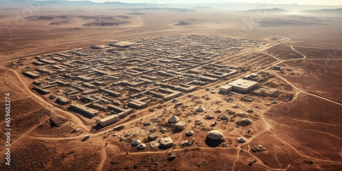 Aerial view of a sprawling refugee camp set against a barren landscape , concept of Crowded settlement