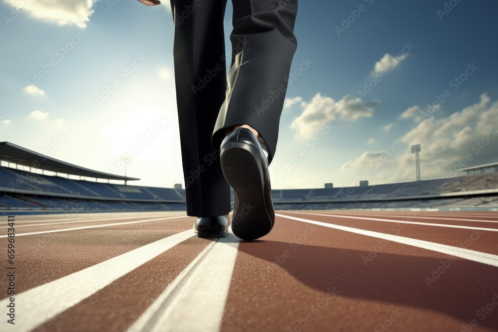 Businessman on running track, stadium in the background, business concept. Generative AI Businessman on running track, stadium in the background, business concept. Generative AI