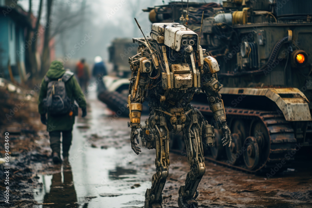 Futuristic robot walks on dirty road near people and machines - obrazy, fototapety, plakaty 