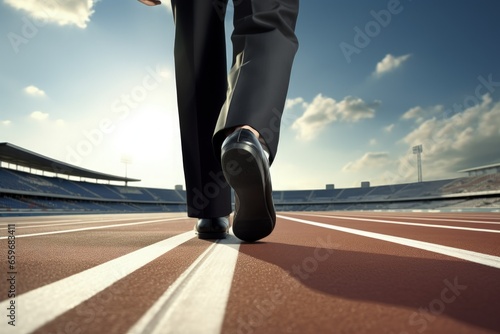 Businessman on running track, stadium in the background, business concept. Generative AI