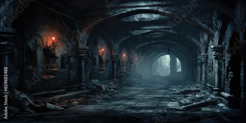 Dark scary dungeon, vintage underground tunnel as cellar of old castle photo