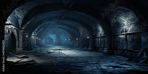 Dark medieval cellar with stone vault, old underground tunnel, dungeon photo