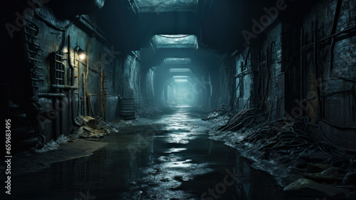 Old industrial underground tunnel, dark scary abandoned corridor