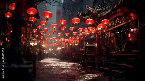 Streets illuminated with Chinese new year lanterns Generative AI