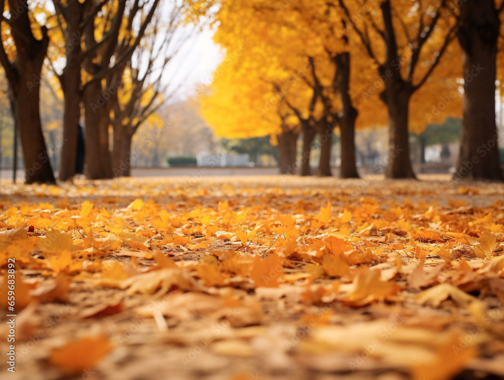 Vividly colored autumn leaves scattered on the ground along with trees in a retro style.