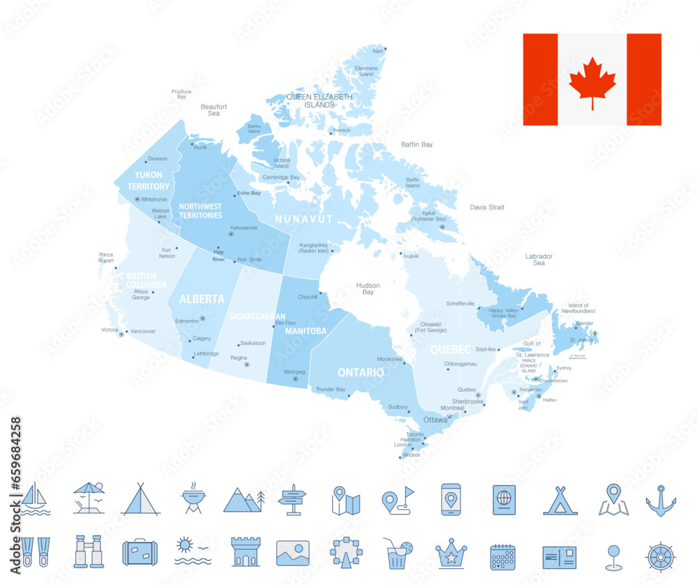 Canada Map and Travel Flat Icons with Spotted Soft Blue Colors