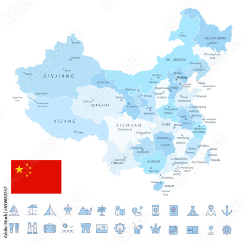Fototapeta Naklejka Na Ścianę i Meble -  China Map and Travel Flat Icons with Spotted Soft Blue Colors
