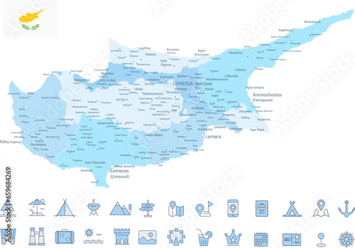 Cyprus Map and Travel Flat Icons with Spotted Soft Blue Colors