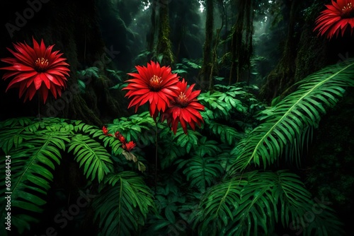 Rainforest with red flower.