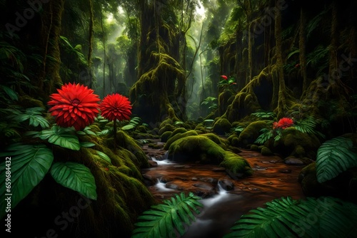 Lush tropical rainforest landscape with vibrant red flowers and flowing river, mystical jungle scenery with mossy rocks and dense green foliage, exotic nature background for travel media.