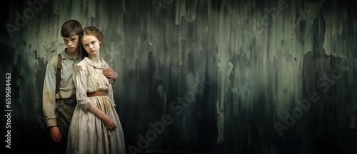 young couple, siblings around 1850, 1900 century. Old clothes against a neutral background with space for text, copy space, color wet plate style, generative ai