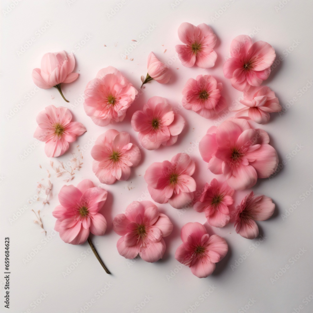 Pink cherry blossom petals on white background. Flat lay, top view