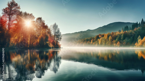 A breathtaking view of a vibrant autumn forest during a serene and colorful morning.