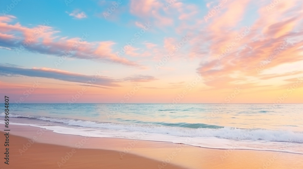 A stunning view of a vibrant cloudscape above a tropical sea and sandy beach.