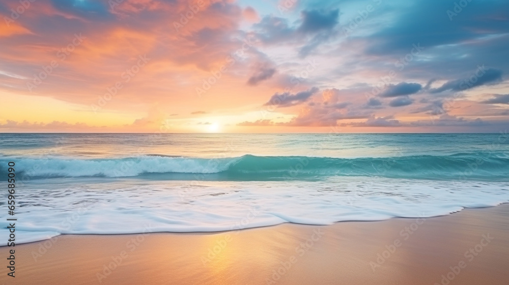 A stunning view of fluffy clouds floating over a breathtaking tropical sea and serene beach.