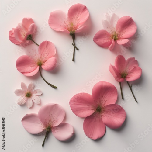 Pink cherry blossom petals on white background. Flat lay, top view