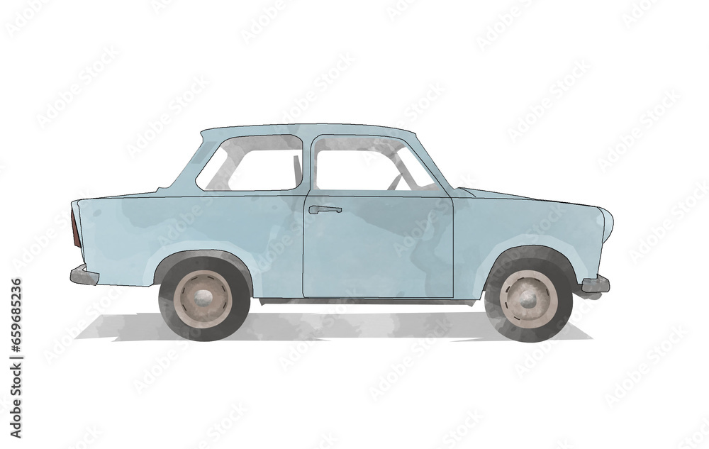 Watercolor painting of old car on white background