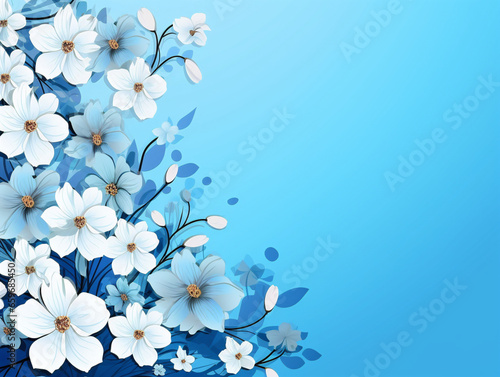 Vibrant and colorful flowers arranged elegantly on a soothing blue background in a vintage style.