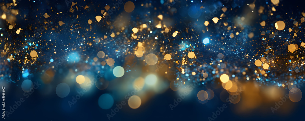 Hintergrund mit abstrakten Glitter Lichter, Funkeln, Sterne in blau, gold und schwarz als bokeh Banner - obrazy, fototapety, plakaty 