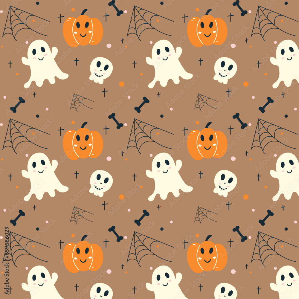 Halloween vector pattern. Halloween seamless design with ghost, skull, pumpkin, bone, crosses, cobweb on coffee background