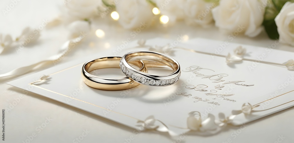 A Pair Of Gleaming Wedding Rings Elegantly Placed On A Wedding Card All Set Against A Clean White Background AI Generative A Pair Of Gleaming Wedding Rings Elegantly Placed On A Wedding Card All Set Against A Clean White Background AI Generative