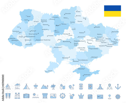 Ukraine Map and Travel Flat Icons with Spotted Soft Blue Colors