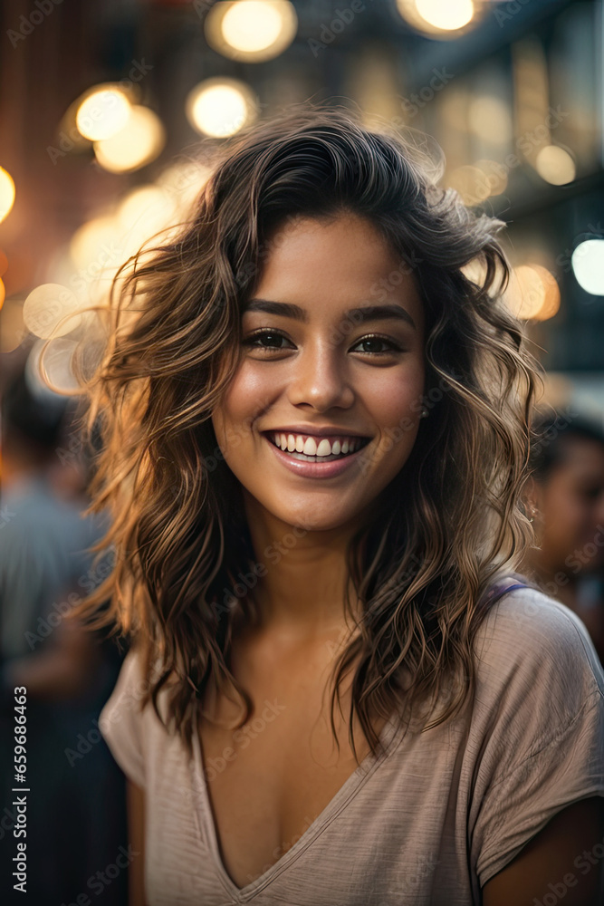 Young happy girl smiling on city streets at night, lifestyle concept, generative ai