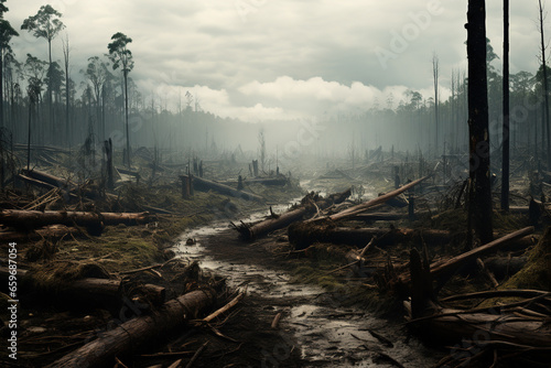 image of a cleared forest area with a few remaining trees, representing the devastating effects of deforestation