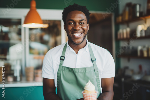 male small business owner of a neighborhood ice cream shop with an ice cream cone photo