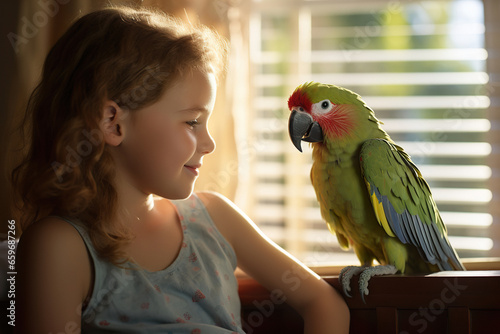 Girl listening intently to her pet parrot as they chatter away, during a bright morning