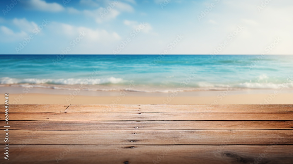 Product background for montage, empty wooden surface with blurred sea beach on the background